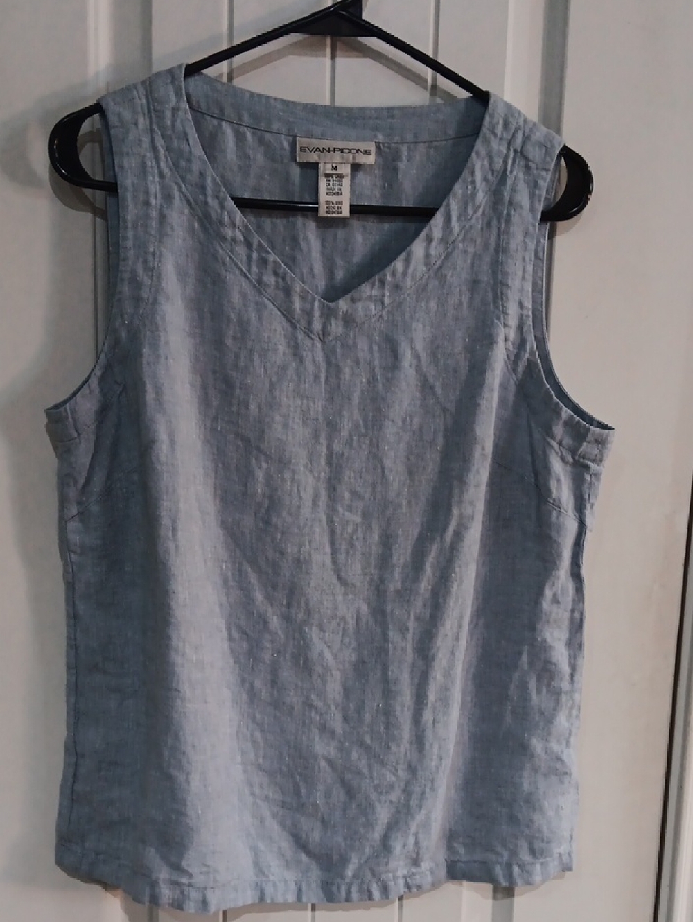 Evan-Picone 100% Linen Sleeveless V-Neck Tank Top Blue Size M